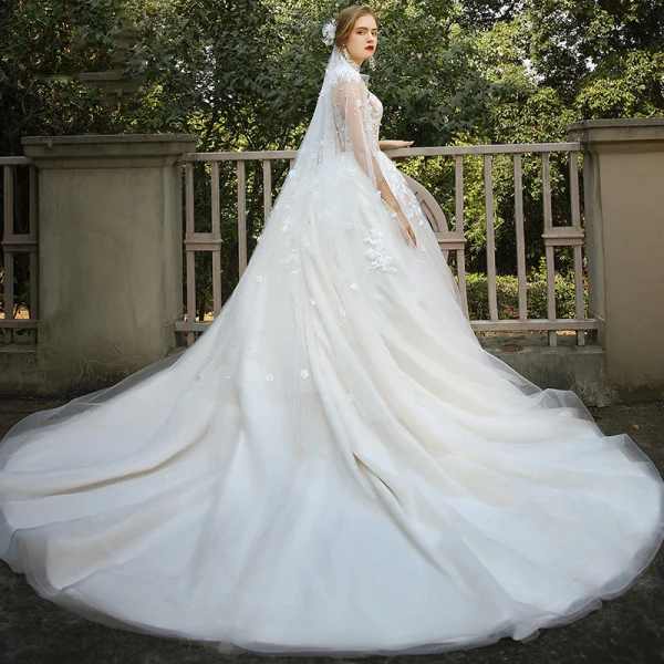 Vintage / Retro Romantic Champagne Bridal Wedding Dresses 2020 Ball Gown See-through High Neck Sleeveless Appliques Lace Chapel Train Ruffle