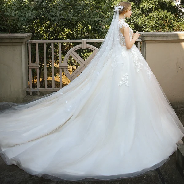 Vintage / Retro Romantic Champagne Bridal Wedding Dresses 2020 Ball Gown See-through High Neck Sleeveless Appliques Lace Chapel Train Ruffle