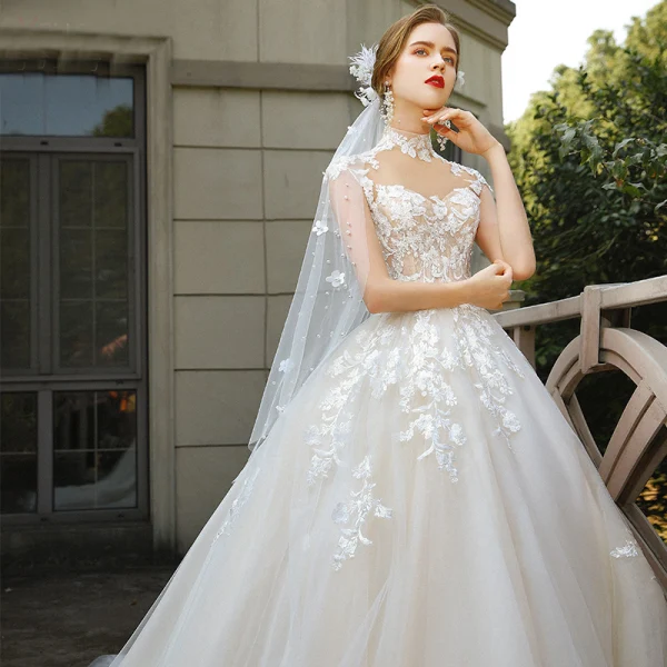 Vintage / Retro Romantic Champagne Bridal Wedding Dresses 2020 Ball Gown See-through High Neck Sleeveless Appliques Lace Chapel Train Ruffle