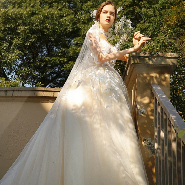 Vintage / Retro Romantic Champagne Bridal Wedding Dresses 2020 Ball Gown See-through High Neck Sleeveless Appliques Lace Chapel Train Ruffle
