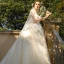 Vintage / Retro Romantic Champagne Bridal Wedding Dresses 2020 Ball Gown See-through High Neck Sleeveless Appliques Lace Chapel Train Ruffle
