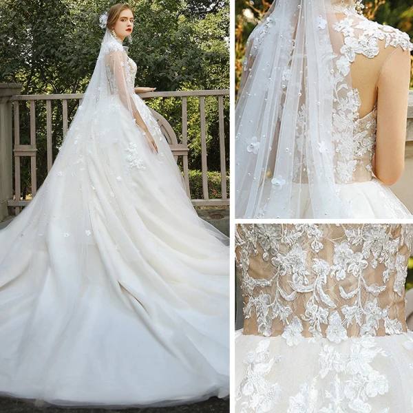 Vintage / Retro Romantic Champagne Bridal Wedding Dresses 2020 Ball Gown See-through High Neck Sleeveless Appliques Lace Chapel Train Ruffle