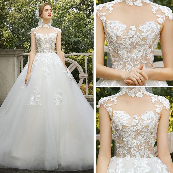 Vintage / Retro Romantic Champagne Bridal Wedding Dresses 2020 Ball Gown See-through High Neck Sleeveless Appliques Lace Chapel Train Ruffle