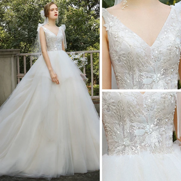 Elegant Champagne Bridal Wedding Dresses 2020 Ball Gown V-Neck Sleeveless Backless Appliques Lace Sequins Beading Cathedral Train Ruffle