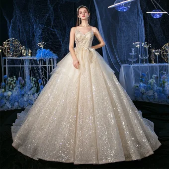 Glitter Champagne Pailletten Bruids Trouwjurken 2020 Baljurk Spaghettibandjes Mouwloos Ruglooze Appliques Kant Kralen Glans Tule Royal Train Ruche