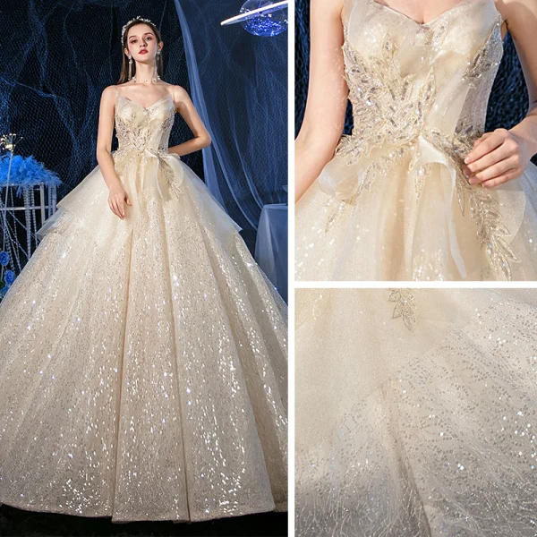 Glitzernden Champagner Pailletten Hochzeits Brautkleider / Hochzeitskleider 2020 Ballkleid Spaghettiträger Ärmellos Rückenfreies Applikationen Spitze Perlenstickerei Glanz Tülle Königliche Schleppe Rüschen