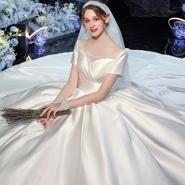 Modest / Simple Ivory Satin Bridal Wedding Dresses 2020 Ball Gown Square Neckline Short Sleeve Backless Cathedral Train Ruffle