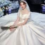 Modest / Simple Ivory Satin Bridal Wedding Dresses 2020 Ball Gown Square Neckline Short Sleeve Backless Cathedral Train Ruffle