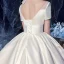 Modest / Simple Ivory Satin Bridal Wedding Dresses 2020 Ball Gown Square Neckline Short Sleeve Backless Cathedral Train Ruffle