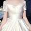 Modest / Simple Ivory Satin Bridal Wedding Dresses 2020 Ball Gown Square Neckline Short Sleeve Backless Cathedral Train Ruffle