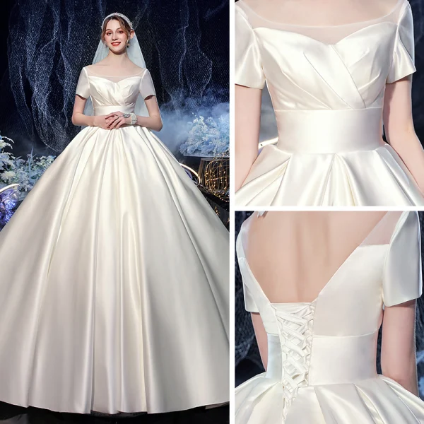 Modest / Simple Ivory Satin Bridal Wedding Dresses 2020 Ball Gown Square Neckline Short Sleeve Backless Cathedral Train Ruffle
