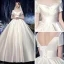 Modest / Simple Ivory Satin Bridal Wedding Dresses 2020 Ball Gown Square Neckline Short Sleeve Backless Cathedral Train Ruffle