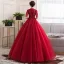 Vintage / Retro Red Dancing Prom Dresses 2020 Ball Gown See-through High Neck 1/2 Sleeves Appliques Lace Flower Beading Floor-Length / Long Ruffle Formal Dresses