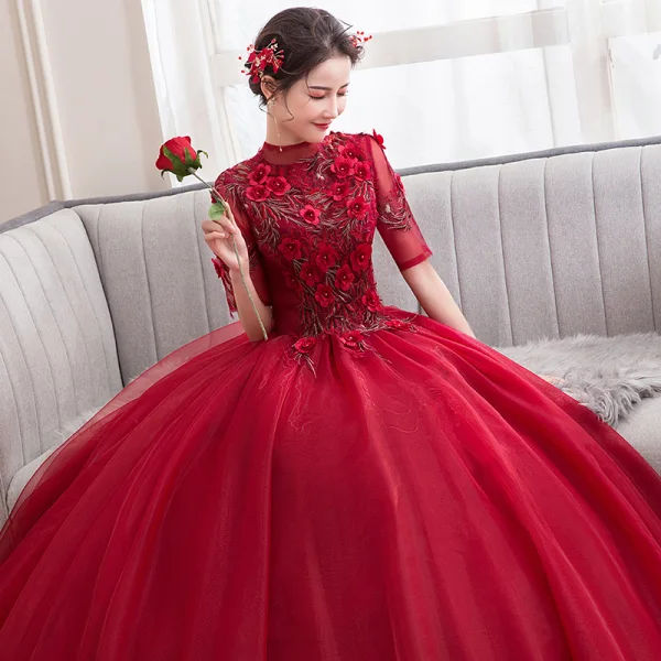 Vintage / Retro Red Dancing Prom Dresses 2020 Ball Gown See-through High Neck 1/2 Sleeves Appliques Lace Flower Beading Floor-Length / Long Ruffle Formal Dresses