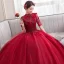 Vintage / Retro Red Dancing Prom Dresses 2020 Ball Gown See-through High Neck 1/2 Sleeves Appliques Lace Flower Beading Floor-Length / Long Ruffle Formal Dresses