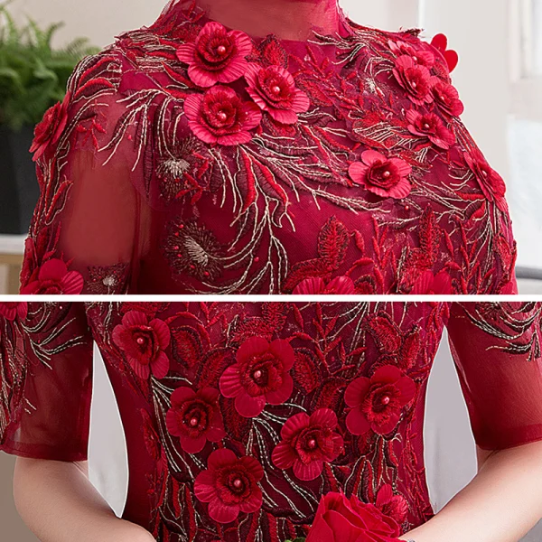 Vintage / Retro Red Dancing Prom Dresses 2020 Ball Gown See-through High Neck 1/2 Sleeves Appliques Lace Flower Beading Floor-Length / Long Ruffle Formal Dresses