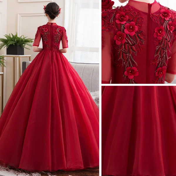 Vintage / Retro Red Dancing Prom Dresses 2020 Ball Gown See-through High Neck 1/2 Sleeves Appliques Lace Flower Beading Floor-Length / Long Ruffle Formal Dresses