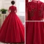 Vintage / Retro Red Dancing Prom Dresses 2020 Ball Gown See-through High Neck 1/2 Sleeves Appliques Lace Flower Beading Floor-Length / Long Ruffle Formal Dresses