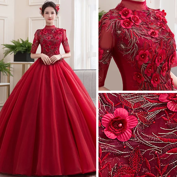 Vintage / Retro Red Dancing Prom Dresses 2020 Ball Gown See-through High Neck 1/2 Sleeves Appliques Lace Flower Beading Floor-Length / Long Ruffle Formal Dresses