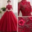 Vintage / Retro Red Dancing Prom Dresses 2020 Ball Gown See-through High Neck 1/2 Sleeves Appliques Lace Flower Beading Floor-Length / Long Ruffle Formal Dresses