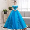 Elegant Jade Green Dancing Prom Dresses 2020 Ball Gown Off-The-Shoulder Short Sleeve Appliques Lace Beading Floor-Length / Long Ruffle Backless Formal Dresses
