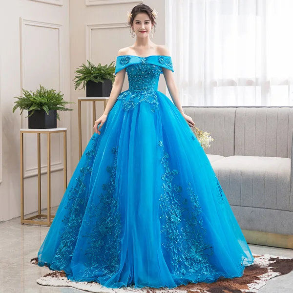Elegant Jade Green Dancing Prom Dresses 2020 Ball Gown Off-The-Shoulder Short Sleeve Appliques Lace Beading Floor-Length / Long Ruffle Backless Formal Dresses