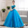 Elegant Jade Green Dancing Prom Dresses 2020 Ball Gown Off-The-Shoulder Short Sleeve Appliques Lace Beading Floor-Length / Long Ruffle Backless Formal Dresses