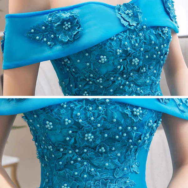 Elegant Jade Green Dancing Prom Dresses 2020 Ball Gown Off-The-Shoulder Short Sleeve Appliques Lace Beading Floor-Length / Long Ruffle Backless Formal Dresses