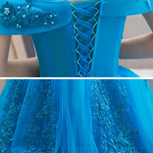 Elegant Jade Green Dancing Prom Dresses 2020 Ball Gown Off-The-Shoulder Short Sleeve Appliques Lace Beading Floor-Length / Long Ruffle Backless Formal Dresses