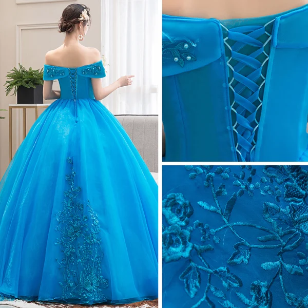 Elegant Jade Green Dancing Prom Dresses 2020 Ball Gown Off-The-Shoulder Short Sleeve Appliques Lace Beading Floor-Length / Long Ruffle Backless Formal Dresses