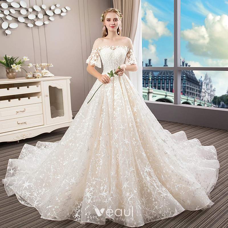 Romantic Champagne See-through Bridal Wedding Dresses 2020 A-Line / Princess Scoop Neck Bell sleeves Backless Star Appliques Lace Beading Pearl Romantic Champagne See-through Bridal Wedding Dresses 2020 A-Line / Princess Scoop Neck Bell sleeves Backless Star Appliques Lace Beading Pearl