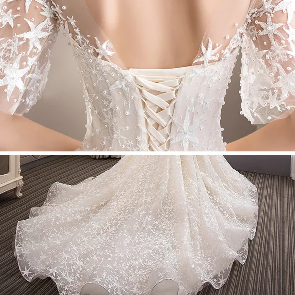 Romantique Champagne Transparentes La Mariée Robe De Mariée 2020 Princesse Encolure Dégagée Manches de cloche Dos Nu Étoile Appliques En Dentelle Perlage Perle Cathedral Train