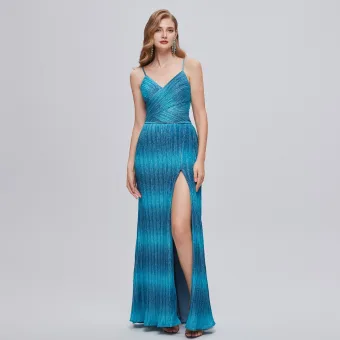 Sexy Glitter Océan Bleu Fendue Devant Robe De Soirée 2023 Trompette Sirène Bretelles Spaghetti Sans Manches Dos Nu Longue Soirée Robe De Ceremonie