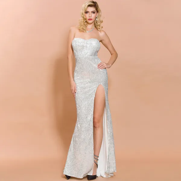 Sparkly Silver Sequins Evening Dresses  2020 Trumpet / Mermaid Sweetheart Sleeveless Split Front Floor-Length / Long Backless Formal Dresses