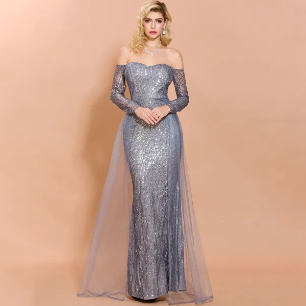 Sparkly Silver Sequins Evening Dresses  2020 Trumpet / Mermaid Off-The-Shoulder Long Sleeve Floor-Length / Long Backless Formal Dresses