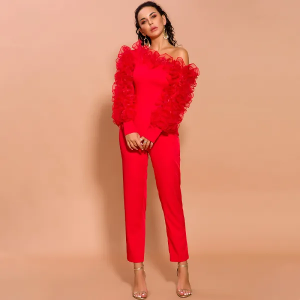 Fashion Red Jumpsuit 2020 One-Shoulder Puffy Long Sleeve Ankle Length Evening Dresses