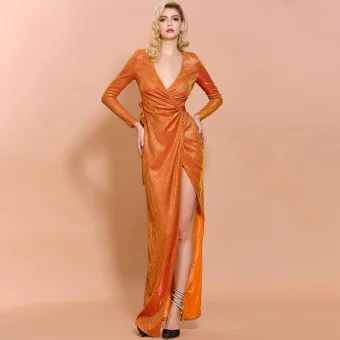 Sexy Oranje Avondjurken 2020 Trompet Zeemeermin Diepe V Hals Lange Mouwen Glans Polyester Split Voorzijde Lange Gelegenheid Jurken