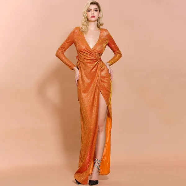 Sexy Orange Evening Dresses  2020 Trumpet / Mermaid Deep V-Neck Long Sleeve Glitter Polyester Split Front Floor-Length / Long Formal Dresses