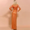 Sexy Orange Evening Dresses  2020 Trumpet / Mermaid Deep V-Neck Long Sleeve Glitter Polyester Split Front Floor-Length / Long Formal Dresses