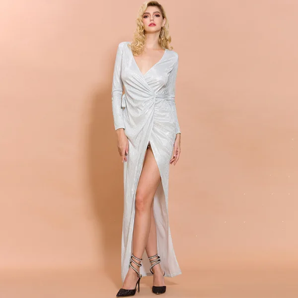 Sexy Orange Robe De Soirée 2020 Trompette / Sirène Col v profond Manches Longues Glitter Polyester Fendue devant Longue Robe De Ceremonie