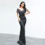 Affordable Black Evening Dresses  2020 Trumpet / Mermaid See-through Scoop Neck Short Sleeve Tassel Glitter Polyester Floor-Length / Long Backless Formal Dresses