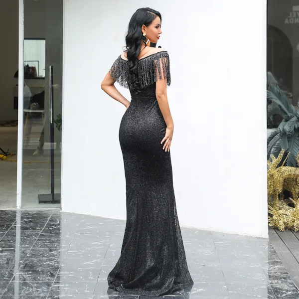 Affordable Black Evening Dresses 2020 Trumpet / Mermaid See-through Scoop Neck Short Sleeve Tassel Glitter Polyester Floor-Length / Long Backless Formal Dresses