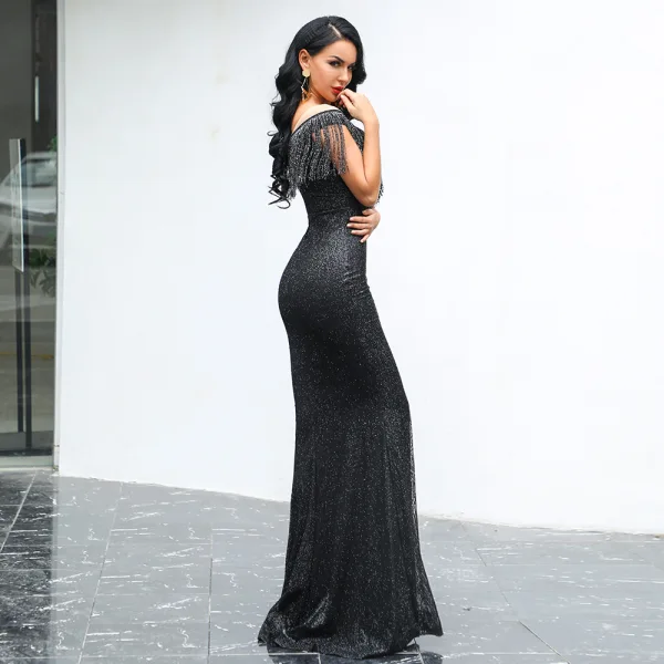 Affordable Black Evening Dresses 2020 Trumpet / Mermaid See-through Scoop Neck Short Sleeve Tassel Glitter Polyester Floor-Length / Long Backless Formal Dresses