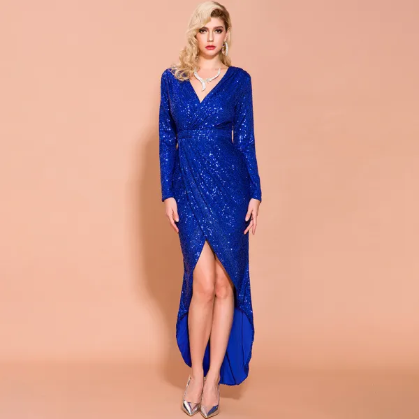 Sparkly Royal Blue Sequins Evening Dresses  2020 Trumpet / Mermaid Deep V-Neck Long Sleeve Split Front Ankle Length Formal Dresses