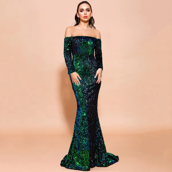 Sparkly Dark Green Sequins Evening Dresses  2020 Trumpet / Mermaid Off-The-Shoulder Long Sleeve Sweep Train Backless Formal Dresses