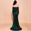 Sparkly Dark Green Sequins Evening Dresses  2020 Trumpet / Mermaid Off-The-Shoulder Long Sleeve Sweep Train Backless Formal Dresses