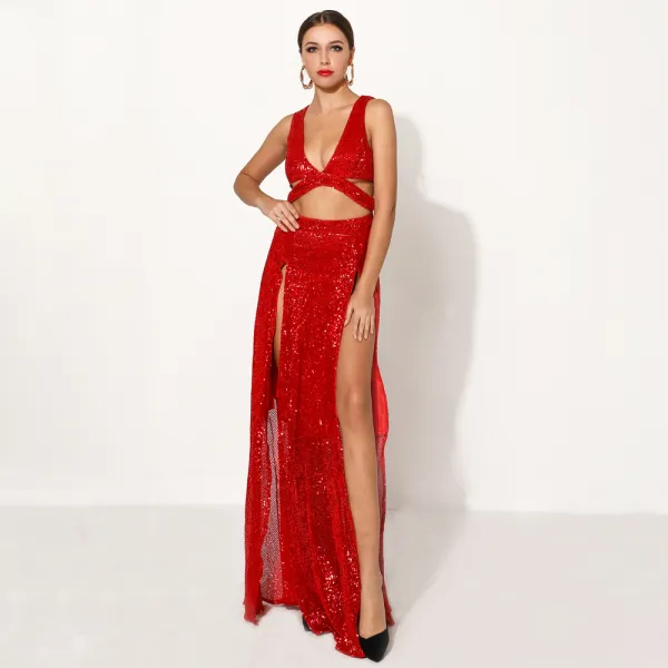 Sexy Red Sequins Evening Dresses  2020 Deep V-Neck Sleeveless Split Front Floor-Length / Long Formal Dresses