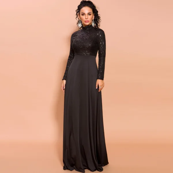 Modest Black Sequins Evening Dresses 2020 Empire High Neck Long Sleeve Floor-Length / Long Formal Dresses