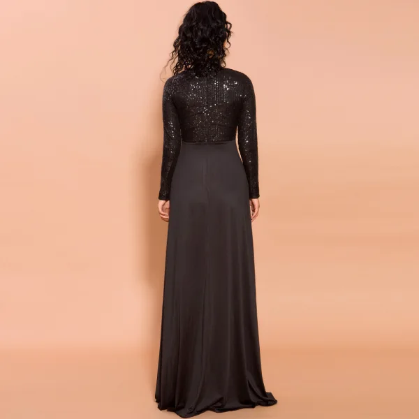 Modest Black Sequins Evening Dresses 2020 Empire High Neck Long Sleeve Floor-Length / Long Formal Dresses