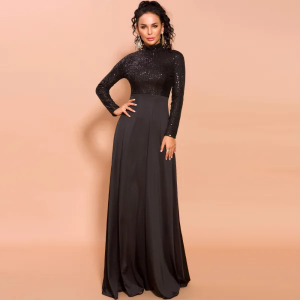 Modest Black Sequins Evening Dresses 2020 Empire High Neck Long Sleeve Floor-Length / Long Formal Dresses